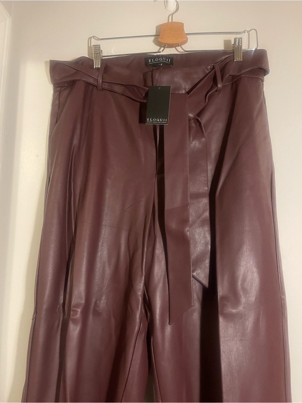 Eloquii Wide-Leg Faux Leather Paperbag Pants in Wine